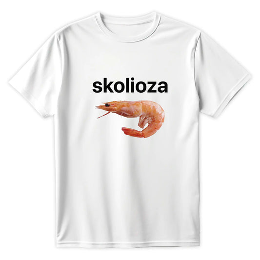 Śmieszna biała koszulka z napisem skolioza i zdjęciem wygiętej krewetki, nawiązująca do złej postawy przed komputerem