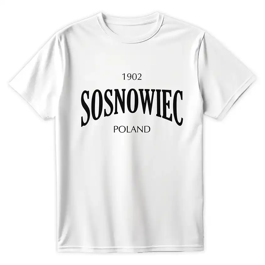 Biała koszulka z czarnym napisem 1902 SOSNOWIEC POLAND na przodzie