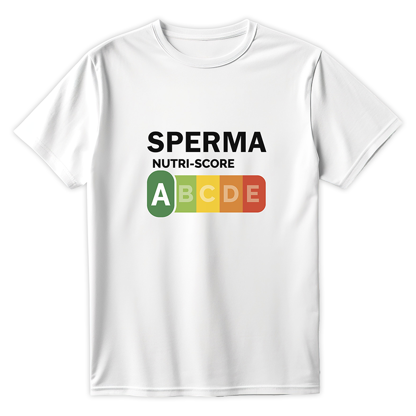 Biała koszulka z zabawnym napisem SPERMA Nutri-Score i kolorową grafiką A B C D E