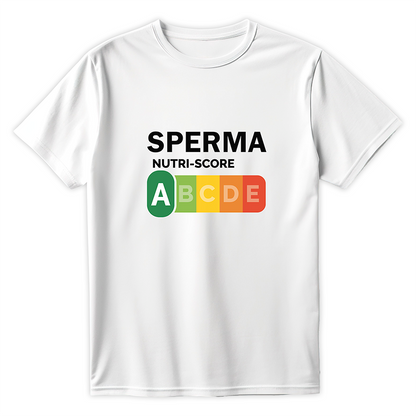 Biała koszulka z zabawnym napisem SPERMA Nutri-Score i kolorową grafiką A B C D E
