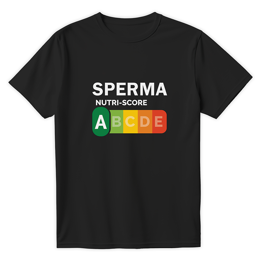 Czarna koszulka z napisem SPERMA NUTRI-SCORE i kolorową grafiką A B C D E