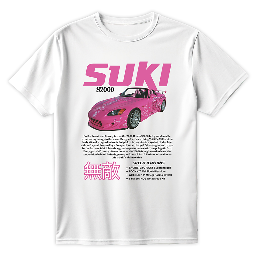 Biała koszulka z nadrukiem różowej Hondy S2000 Suki z Szybkich i Wściekłych, z japońskimi znakami i tuningową specyfikacją, styl y2k streetwear.