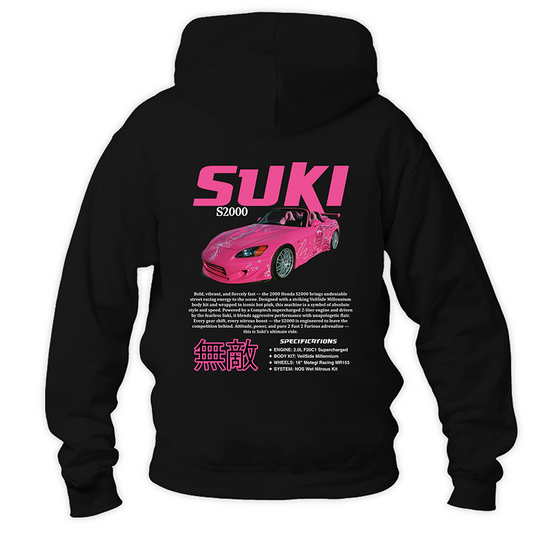 Czarna bluza z kapturem typu kangurka, widok z tyłu, z dużym nadrukiem na plecach przedstawiającym różową Hondę S2000 Suki z Szybkich i Wściekłych w stylu Y2K.