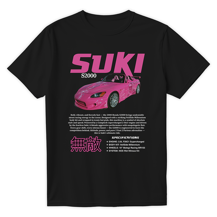 Czarna koszulka z nadrukiem różowej Hondy S2000 Suki z Szybkich i Wściekłych, z japońskimi znakami i tuningową specyfikacją, styl y2k streetwear.