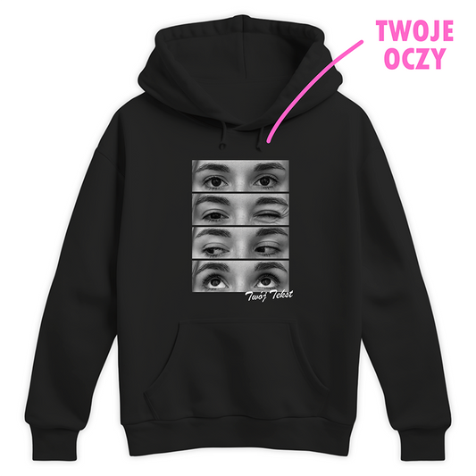 Czarna bluza z nadrukiem czarno-białych oczu i napisem Twój Tekst na dole
