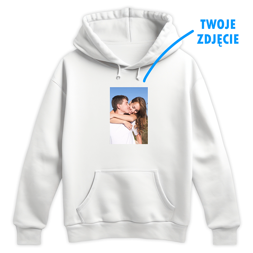 Biała bluza z własnym zdjęciem i napisem TWÓJE ZDJĘCIE, idealna na prezent