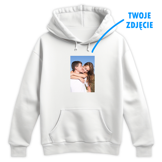Biała bluza z własnym zdjęciem i napisem TWÓJE ZDJĘCIE, idealna na prezent