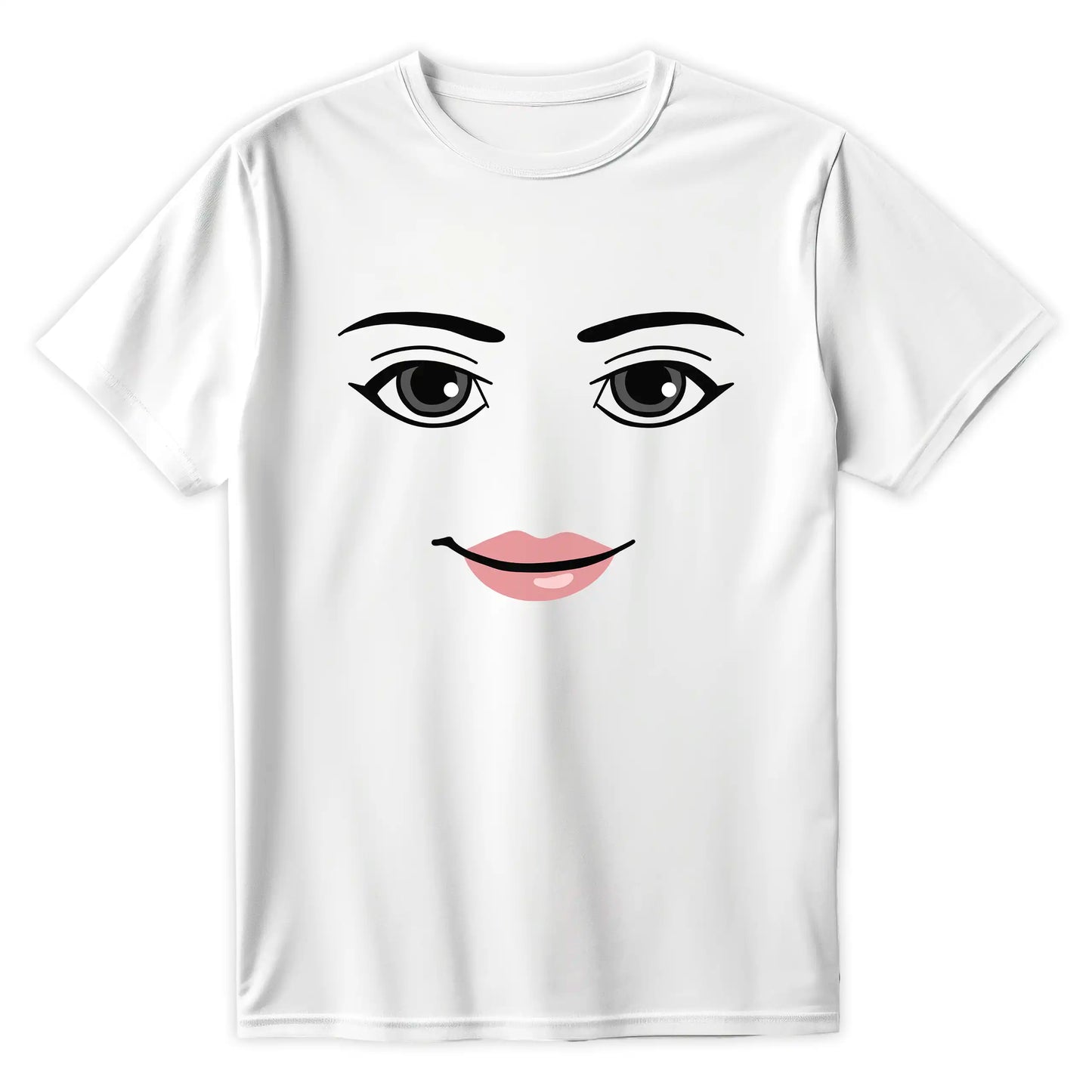 Biała koszulka z nadrukiem Woman Face z Roblox – kultowy mem z różowymi ustami i charakterystycznymi oczami w stylu slay