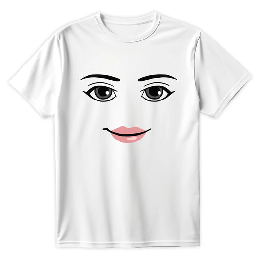 Biała koszulka z nadrukiem Woman Face z Roblox – kultowy mem z różowymi ustami i charakterystycznymi oczami w stylu slay