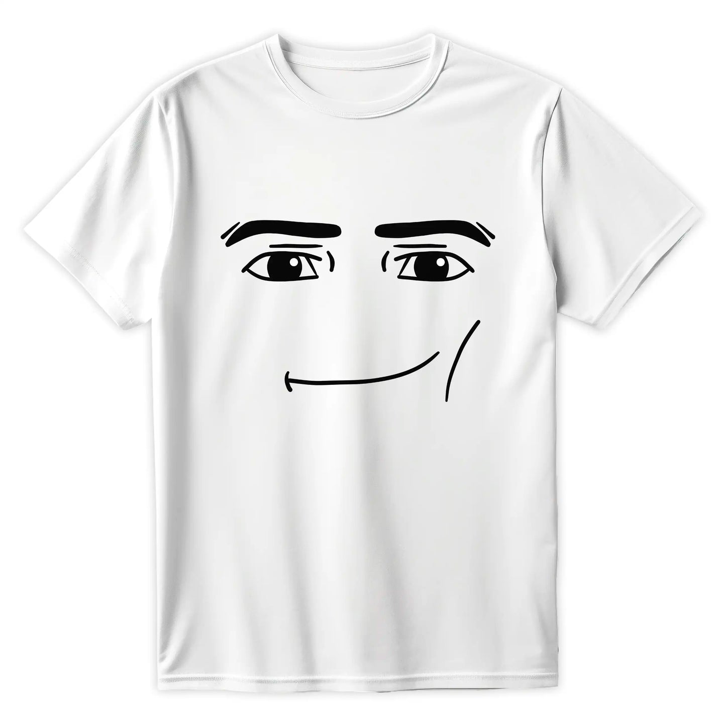 Biała koszulka z czarnym, minimalistycznym nadrukiem kultowego mema z gry, przedstawiającym twarz Roblox Man Face