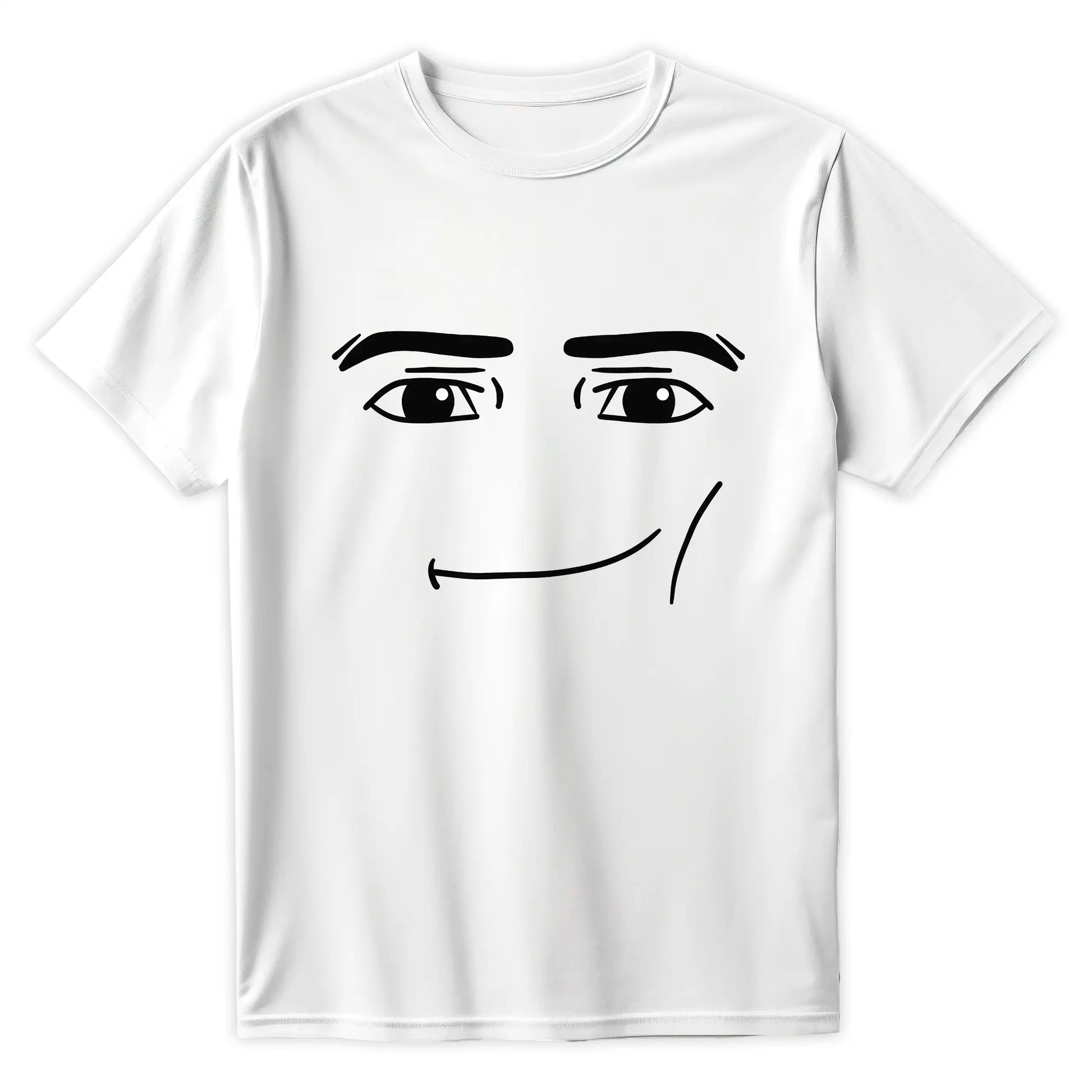 Biała koszulka z czarnym, minimalistycznym nadrukiem kultowego mema z gry, przedstawiającym twarz Roblox Man Face