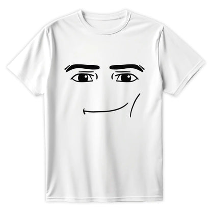Biała koszulka z czarnym, minimalistycznym nadrukiem kultowego mema z gry, przedstawiającym twarz Roblox Man Face