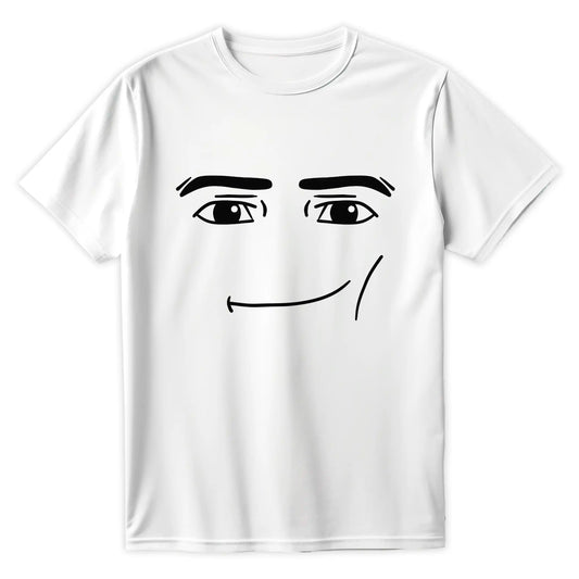 Biała koszulka z czarnym, minimalistycznym nadrukiem kultowego mema z gry, przedstawiającym twarz Roblox Man Face