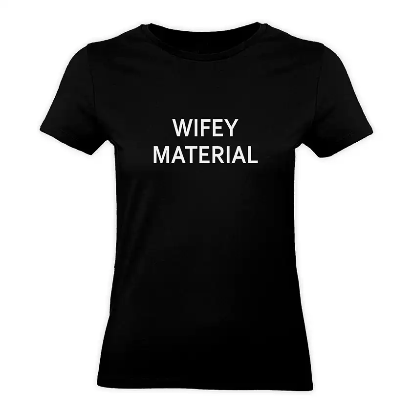 Czarna damska koszulka z białym napisem WIFEY MATERIAL na przodzie