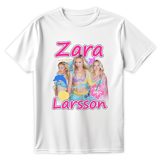 Biała koszulka z nadrukiem Zara Larsson w estetyce Y2K, z motywem delfina, kwiatów hibiskusa i napisem.