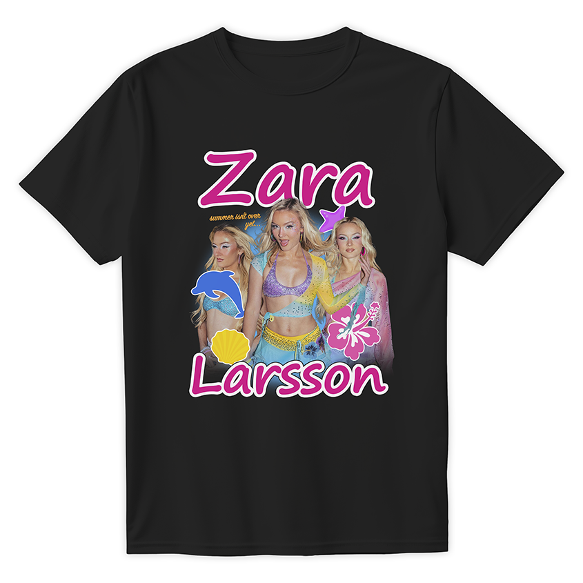 Czarna koszulka z nadrukiem Zara Larsson w estetyce Y2K, z motywem delfina, kwiatów hibiskusa i napisem.