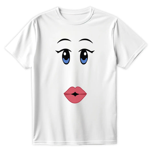 Biała koszulka streetwearowa z nadrukiem wielkich, niebieskich oczu i otwartych ust kultowej twarzy Sapphire Gaze z Roblox