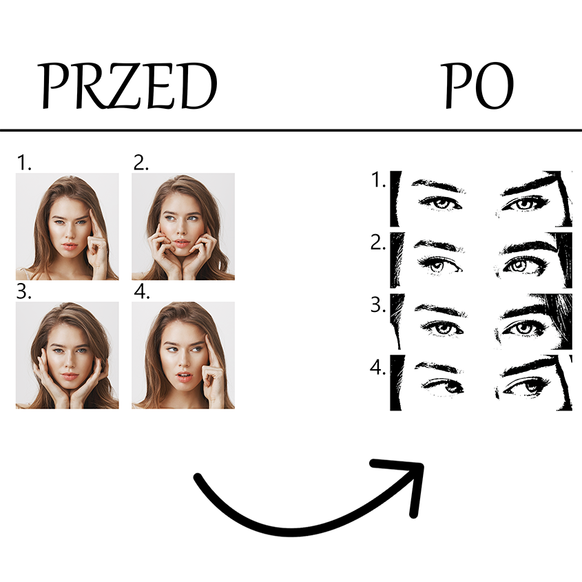 Cztery zdjęcia kobiety przed i cztery graficzne konwersje oczu po, z napisem PRZED i PO